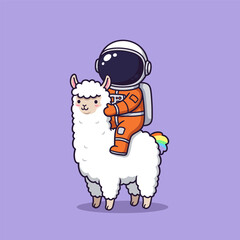 A cute cartoon astronaut riding a smiling white alpaca with a rainbow tail
