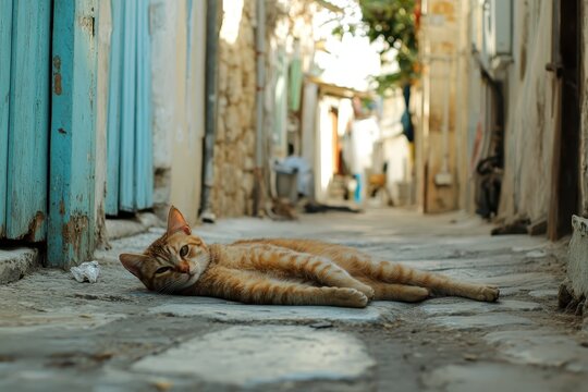Sleepy orange cat resting on a cobblestone street in Paphos, Cyprus during a sunny afternoon, Cyprus Paphos homeless cat on a street lying on a ground relaxing