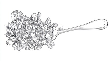 A detailed line drawing of pasta with vegetables on a fork