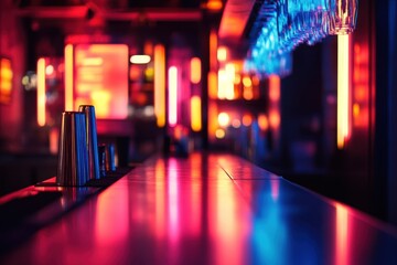 Vibrant neon lights illuminating a contemporary bar environment at night, Blurry neon lights in a modern bar or club setting