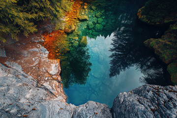 landscape with alpine lake reflecting trees and sky, colorful nature, photorealistic