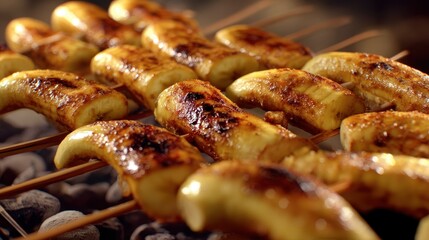 Tropical Summer Desserts Grilled bananas on skewers, showcasing a delicious, caramelized texture.