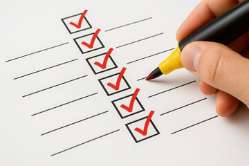 Hand Marking a Checklist with a Yellow Marker for Task Completion and Confirmation Process