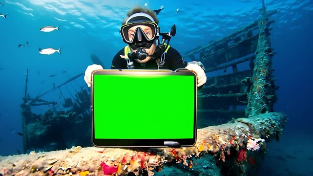 Underwater Diver Holding Green Screen Tablet Near Shipwreck