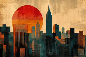 New York skyline at sunset with bold geometric shapes, retro textures, and grainy faded colors resembling 1930s posters 