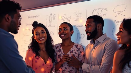 Group of diverse people smiling at a meeting/presentation with whiteboard drawings in background