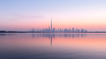 Smoggy city skyline at sunrise with muted colors reflecting on calm water, creating peaceful and serene urban landscape with tall skyscrapers and soft pastel sky tones