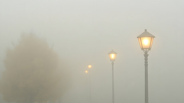 Foggy street with glowing street lamps creating soft warm light and blurred tree in background, evoking calm and quiet atmosphere in early morning