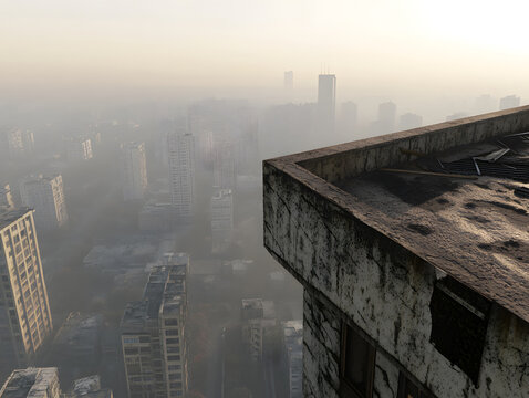 Smoggy cityscape with distant skyscrapers fading into haze, viewed from weathered rooftop of old building, creating moody and atmospheric urban scene