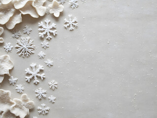 Snowflakes and felt flowers arranged on light surface with scattered small white particles, creating delicate and soft winter themed background with calm and peaceful mood