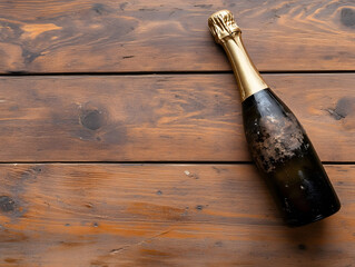 Old champagne bottle lying on rustic wooden table with worn label and golden foil on neck, evoking vintage and celebratory atmosphere