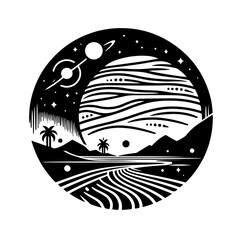Cosmic Landscape Circle Icon - Alien Planet & Nature Silhouette
