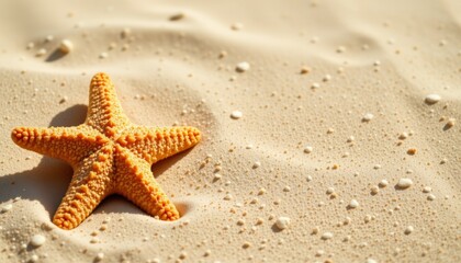 close up of a starfish on the left side of the frame against a summer background in warm ivory tones, the image should have polished gleam with clear copy space on the right for photo use.