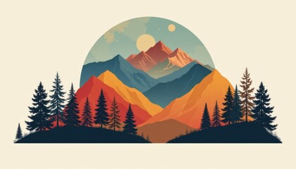 geometric circular design featuring trees and mountains in natural colors, subject positioned at the bottom with clear copy space at the top.