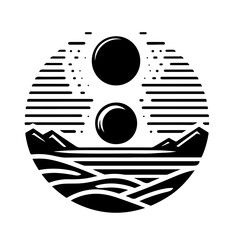 Abstract Celestial Landscape Icon - Twin Suns & Mountains Vector