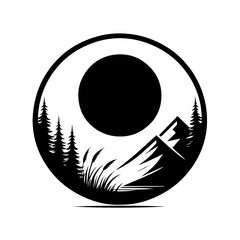 Forest Mountain Circle Icon - Nature Landscape Vector Silhouette