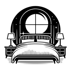 Cozy Bedroom Silhouette - Elegant Bed & Moonlight Vector