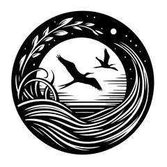 Flying Birds & Moonlight Circle - Japanese Nature Vector Icon