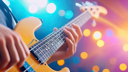 Fototapeta premium The bassist's hands play the melodic chords of the new track in action with colorful concert lights in the background.