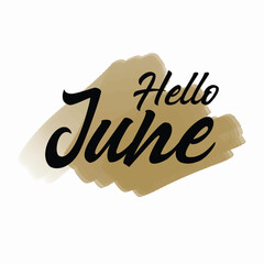 Hello June text typography. Beautiful hand written text with gold brush background. Simple, elegant, and decorative font for poster, sticker, print, asset, design