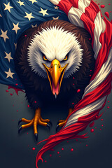 American Bald Eagle: A powerful bald eagle with intense gaze, set against the backdrop of an American flag. The image symbolizes freedom, strength, and national pride.