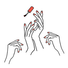 The lady does a manicure, paints her nails with varnish. Silhouette of female hands in a modern one line style. Solid line, aesthetic outline for decor, posters, stickers, logo. Vector illustration.
