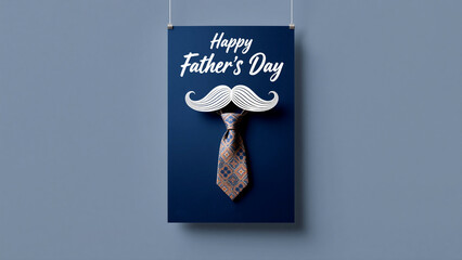 Distinguished Fathers Day banner pairs a patterned tie and mustache on rich navy with bold white text