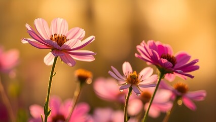 Obraz premium Dreamy cosmos flowers glow in golden sunlight, pink petals kissed by morning dew.