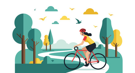 Fototapeta premium Flat vector illustration of a woman cycling through a vibrant summer park with trees, sun, and birds. Ideal for healthy lifestyle, outdoor sports, and nature themes