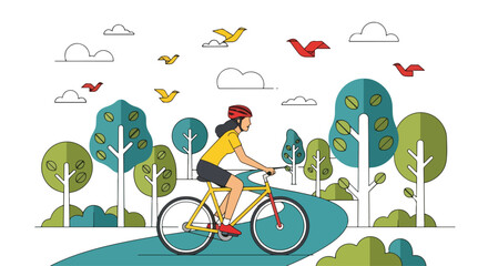 Flat vector illustration of a woman cycling through a vibrant summer park with trees, sun, and birds. Ideal for healthy lifestyle, outdoor sports, and nature themes © meeblues