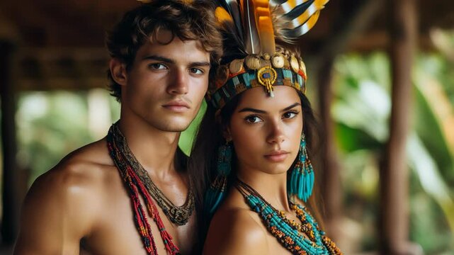 young love couple native American man and woman in tribal attire with feather headdress standing together at outdoor 