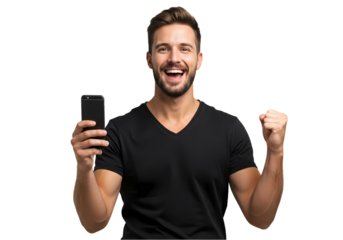 Happy Man Winning on Smartphone  Stock Photo isolated on transparent background