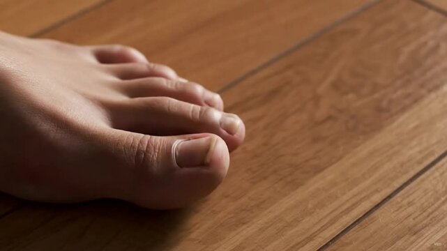 A close up of a foot on a wooden floor surface