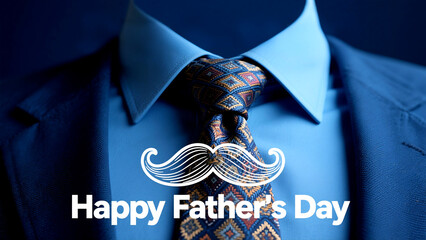 Sleek Fathers Day banner boasts a patterned tie mustache on navy blue with bold white happy text