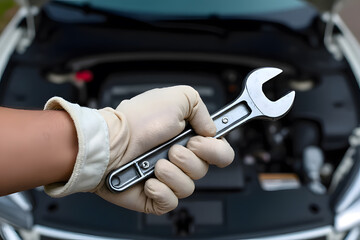 The hand part is wearing a dirty white cloth glove, holding a wrench. The background is a car with the front cover open, blurred