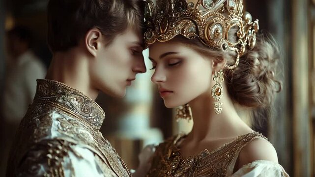 ancient Caucasian noble love couple prince and princess lean face close together at luxurious atmosphere 