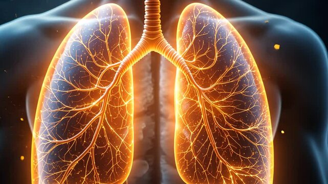 Highly detailed 3d render of glowing human lungs with visible bronchi and blood vessels on black background. Concept of respiratory health