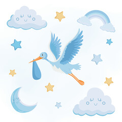 Naklejka premium Cute blue greeting card Stork deliver baby Its a boy Baby announcement