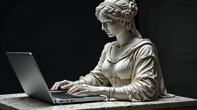White marble sculpture of ancient greek woman in draped dress typing on modern laptop against dark background. Artistic concept of timeless technology