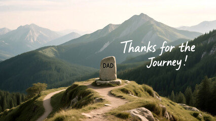 Mountain path leads to a gravestone carved DAD with Thanks for the Journey a poignant memorial for dad