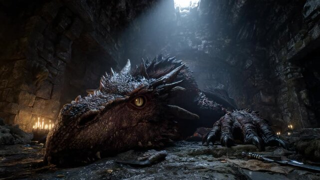 black dragon lay on dungeon ground looking at you