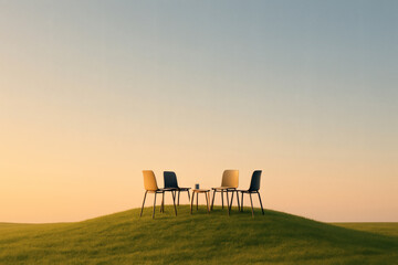 Seating arrangement on a grassy hill under a serene sky evokes calm and outdoor meetings. Minimalist design invites conversation.
