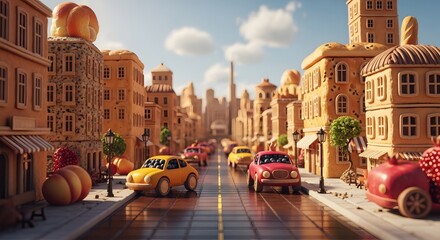 A whimsical city constructed entirely from bread and pastry, inviting viewers into a world where culinary artistry and urban landscape design meet in a surreal scene.