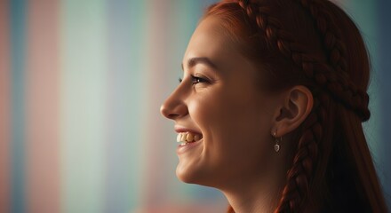 A radiant woman with long auburn hair, a captivating smile, and a joyful profile, personifying happiness in the shot. The focus is entirely on her joyful and delighted demeanor.
