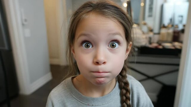 close up face young Caucasian girl funny face teasing at camera 