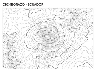 Topographic contour map of Chimborazo volcano in Ecuador showing peak elevation and surrounding. Contour lines vector terrain background. © RDVector