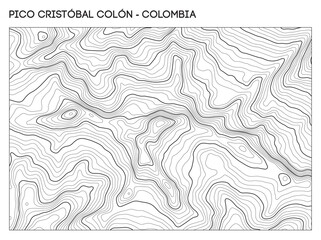 Topographic contour map of Pico Cristobal Colon mountain in Colombia showing complex elevation and ridgeline structure. Contour lines vector terrain background.