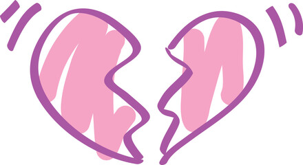 One broken beating pink heart, roughly drawn, curved lines drawn by hand with a brush