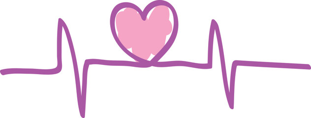 Pink heart on a pulse made of purple outlines, carelessly drawn, curved lines drawn by hand with a brush