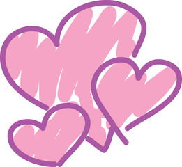 Three hearts of different sizes painted with a pink brush, carelessly drawn, curved lines drawn by hand with a brush